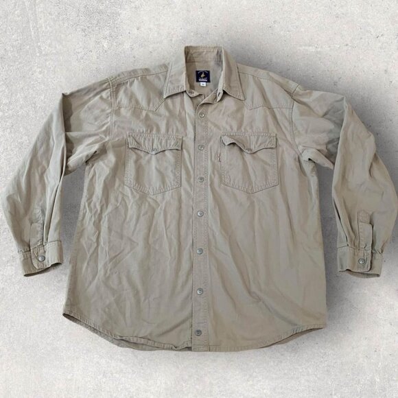 Vintage Dallas Jeans Western Chambray Shirt Men’s M Tan Metal Snaps Cowboy Rodeo - Picture 1 of 5
